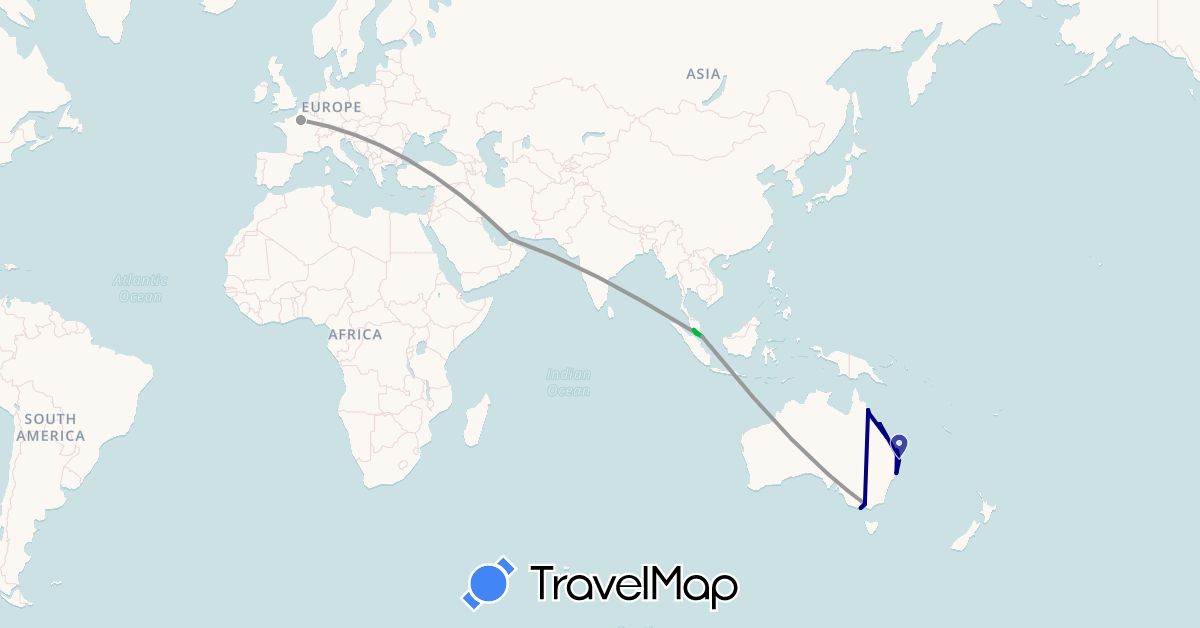 TravelMap itinerary: driving, bus, plane in United Arab Emirates, Australia, France, Malaysia, Singapore (Asia, Europe, Oceania)
